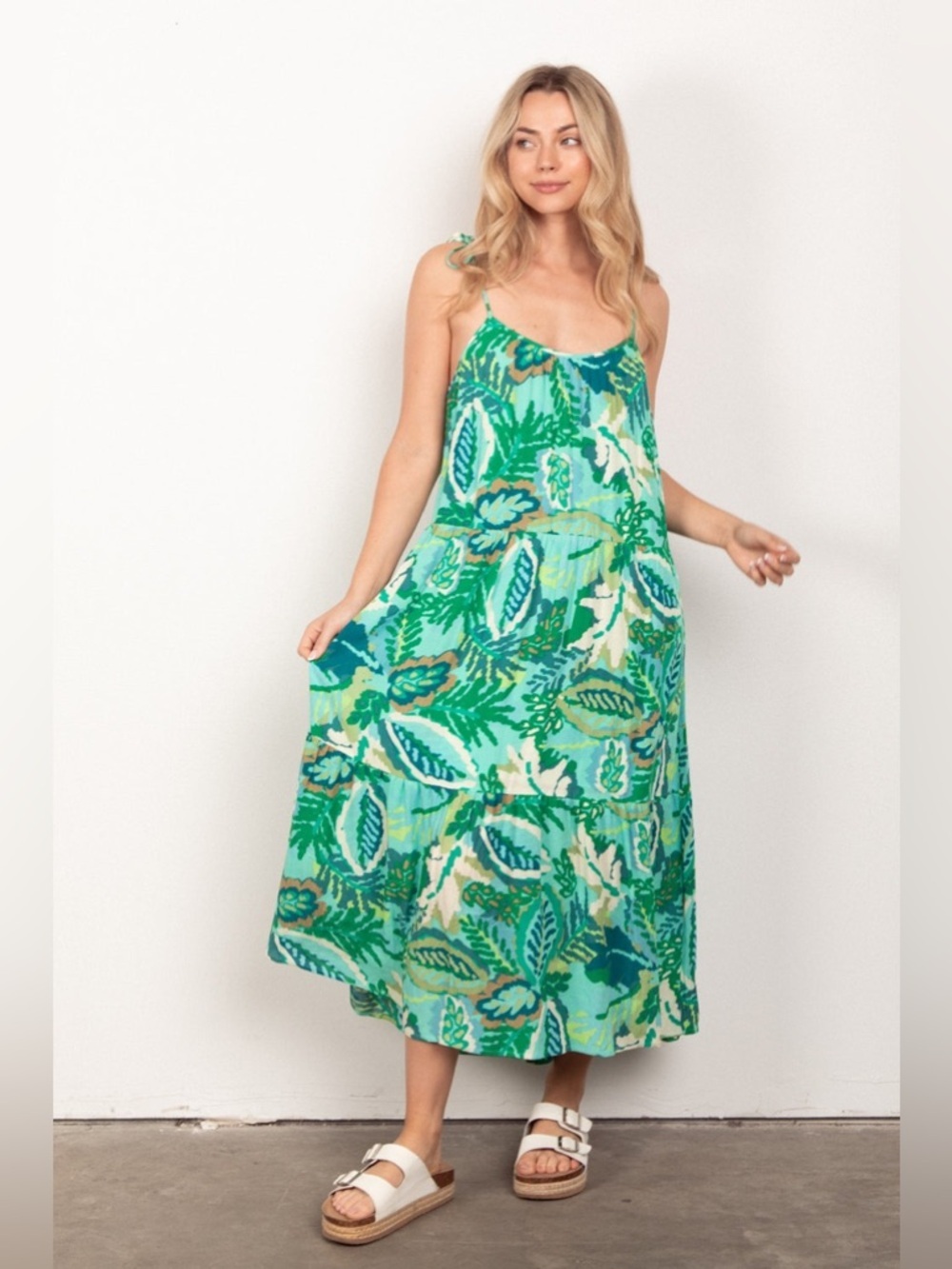 Very J Green Leaf Print Maxi Dress